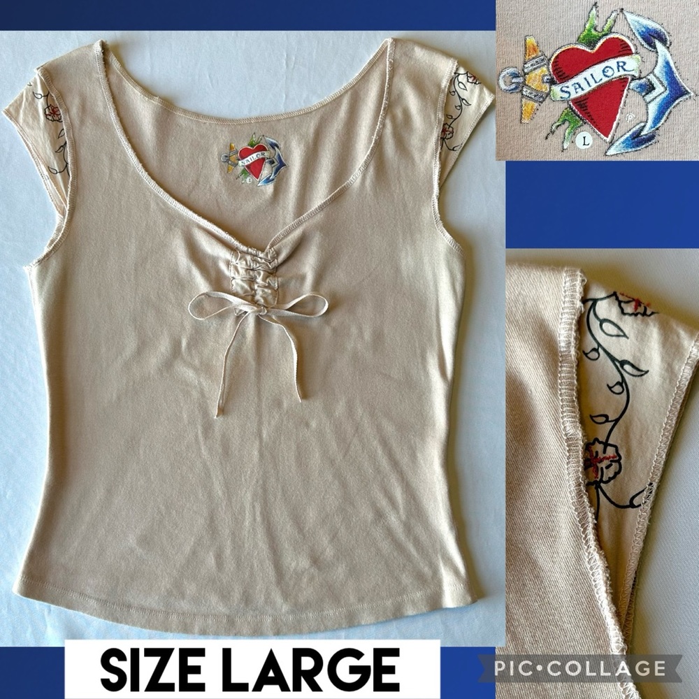 Sailor Womens Top Short Sleeve Beige Nude Raw Edge Floral Sleeve Detail Size L